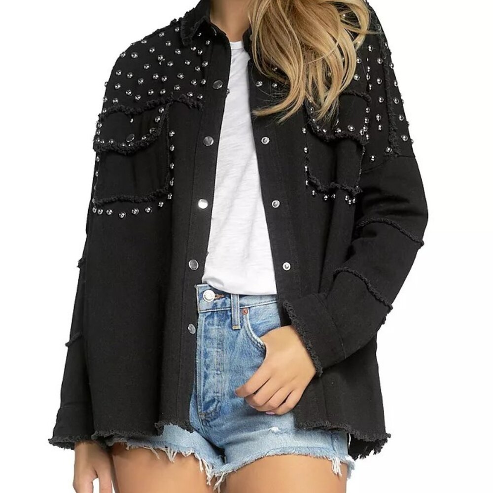 Elan Studded Distressed Black Chambray Denim Shacket - NWOT - Picture 3 of 16
